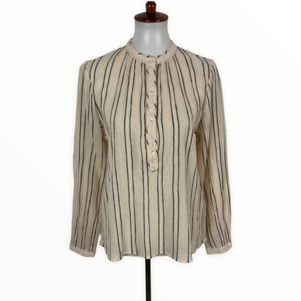 Lucky Brand Striped Boho Peasant Blouse Long Sleeve Button‎ Front Beige Black M